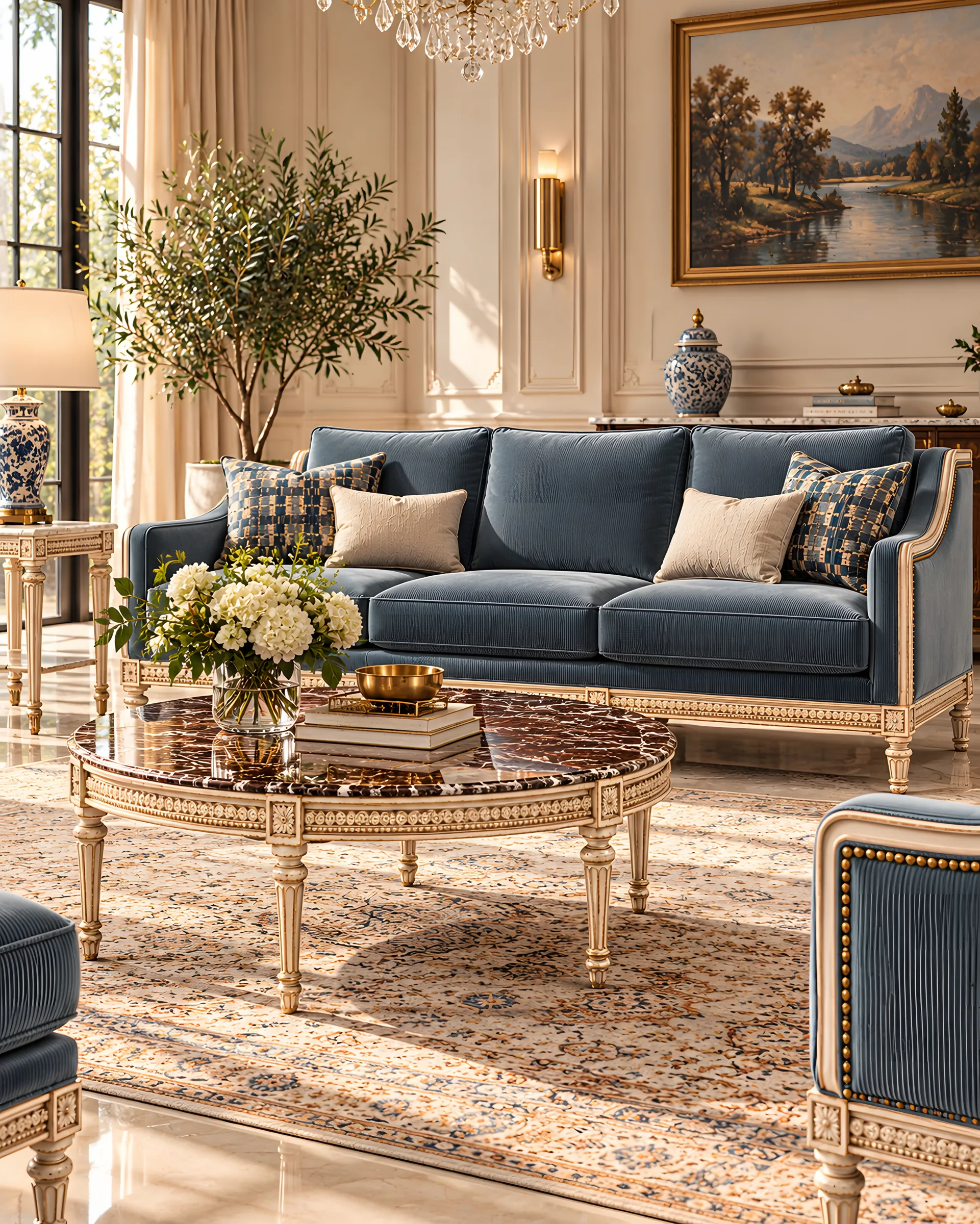 Murano salon with slate-blue velvet sofa and marble cocktail table