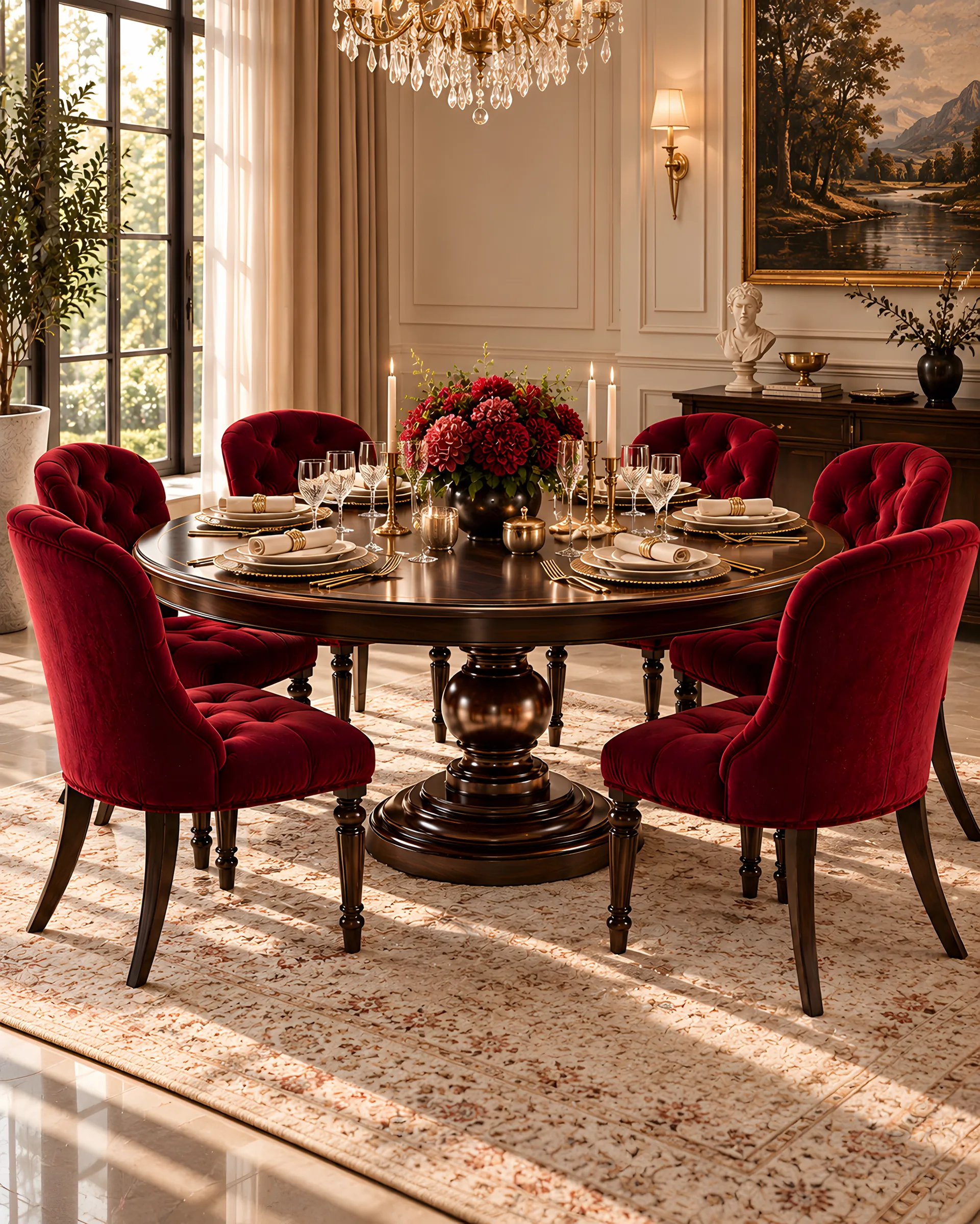Vareno dining room with tufted crimson chairs