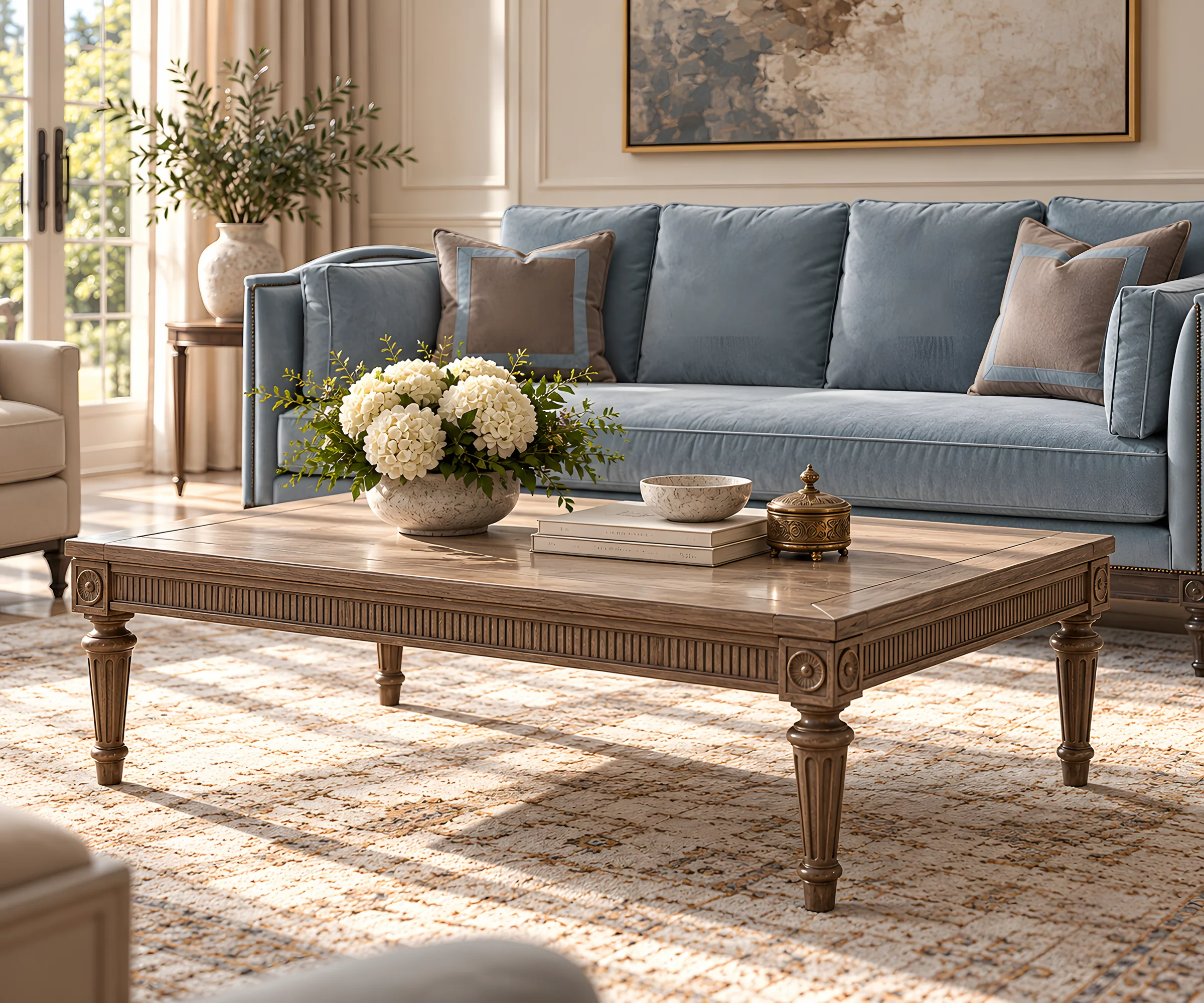 Wesley living room in powder-blue velvet