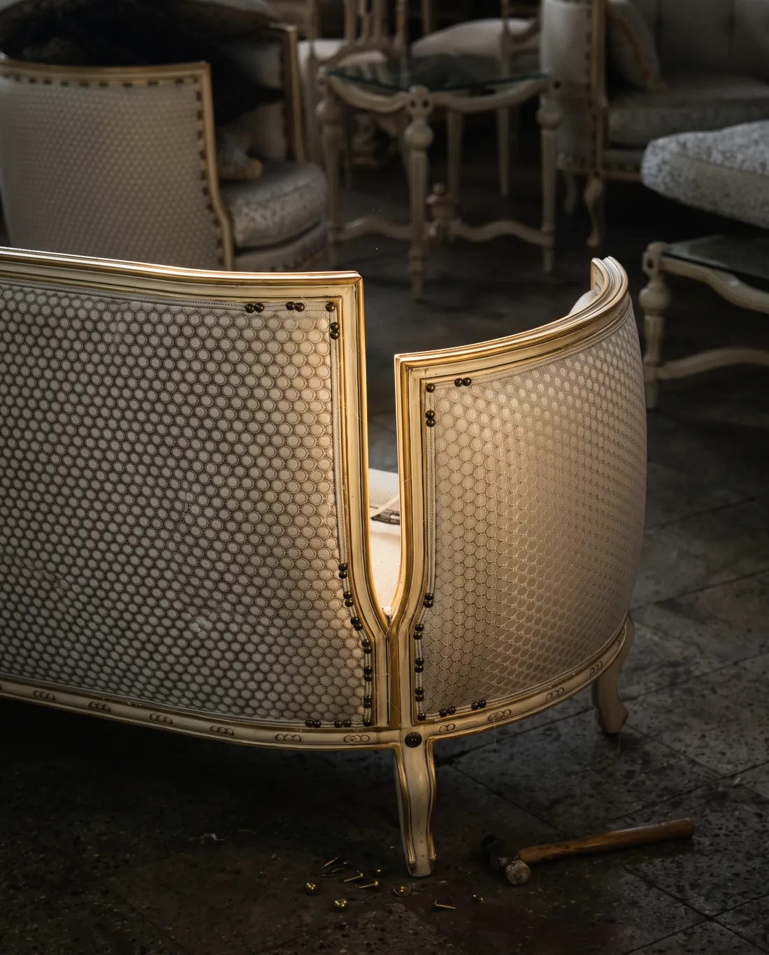 Bergère chair backs with brass nail-head trim