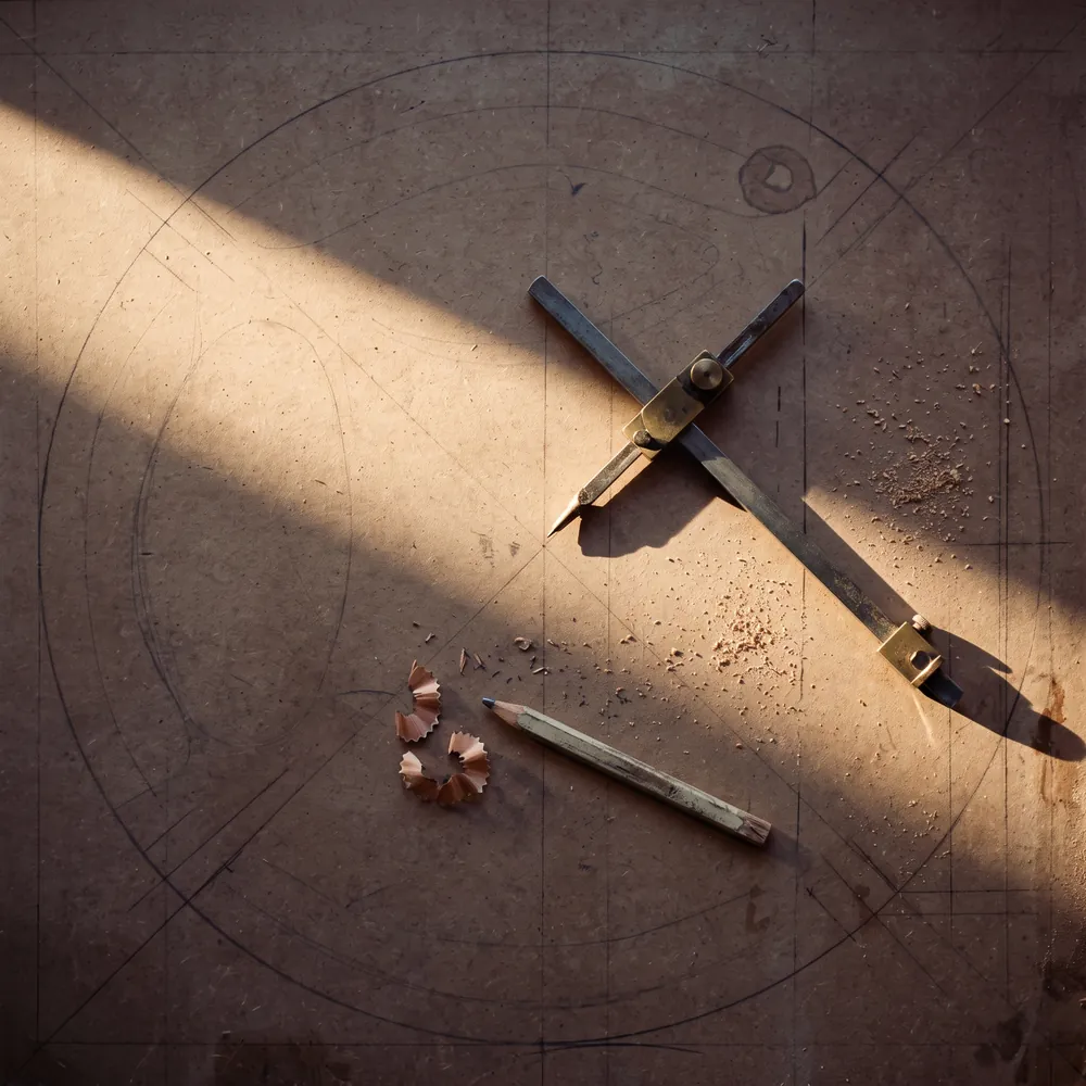 Brass compass resting on a chalked circle
