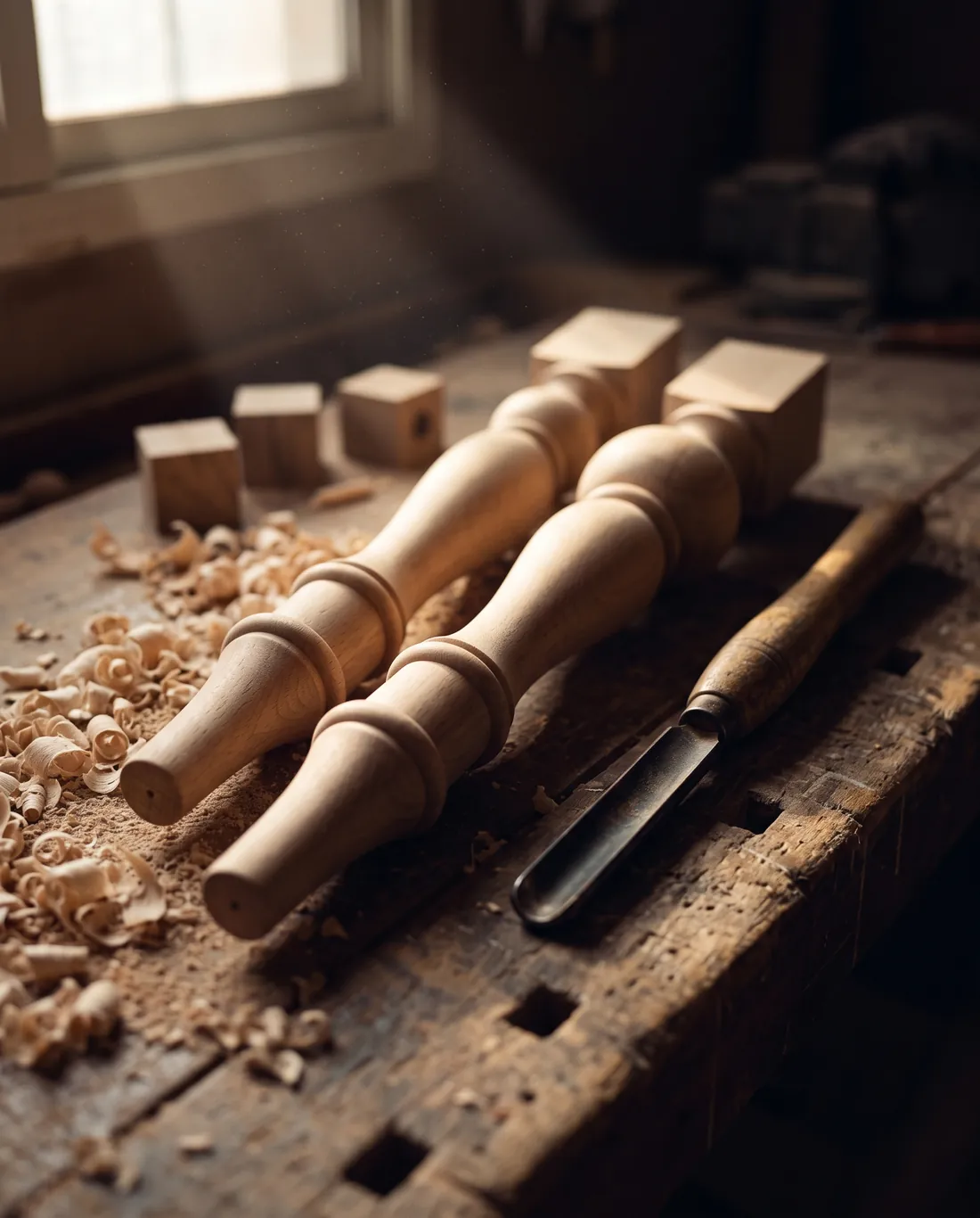 Freshly turned table legs among wood shavings
